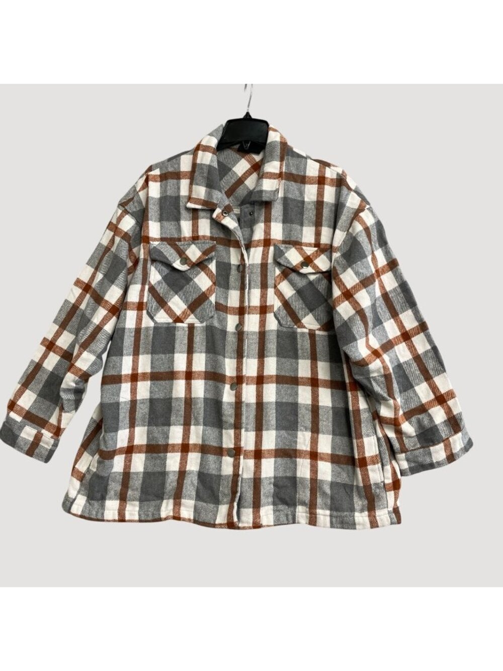 HFX Women's XL Gray Plaid Flannel Shacket Jacket Brown Button-Up  P0425